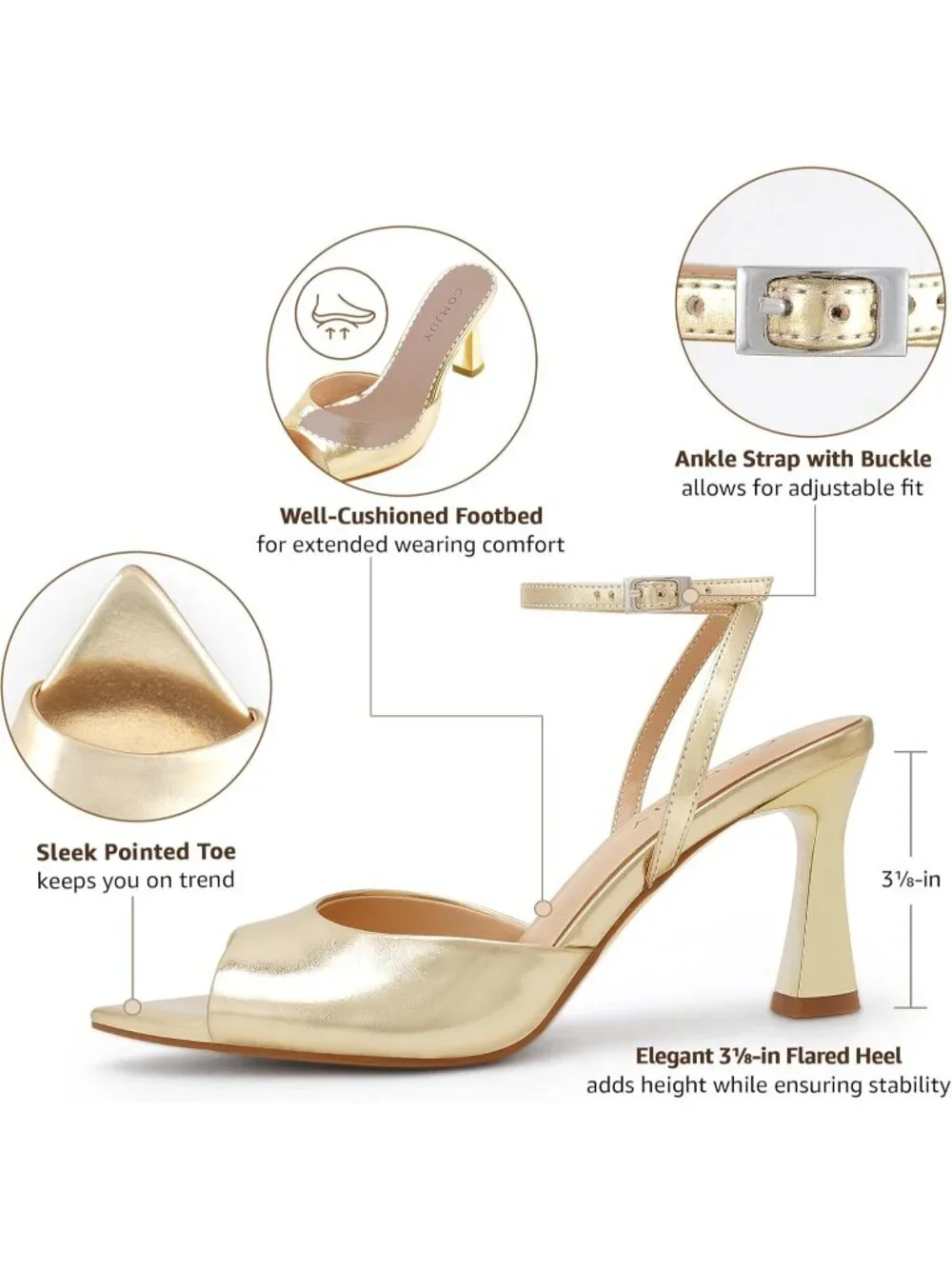 Women's Gold Peep Pointed Toe Kitten Heeled Sandals Strappy Flared Heels Shoes
